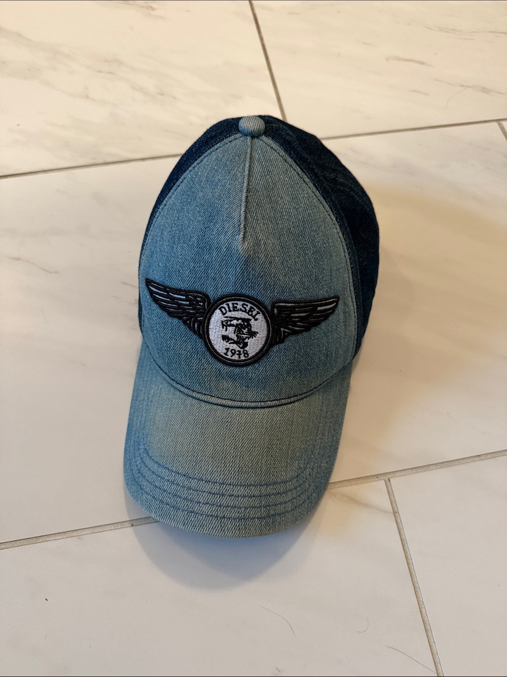 Diesel Two-Tone Light Blue and Dark Blue Denim Baseball Cap with Wing Logo